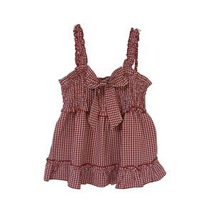 Y2K Coquette Top Gingham Ruffle Bow Smocked Womens With Straps Red White Size L